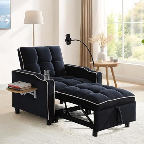 Modern Velvet Tufted Beige Convertible Sleeper Chair with Wing Table and Phone Holder