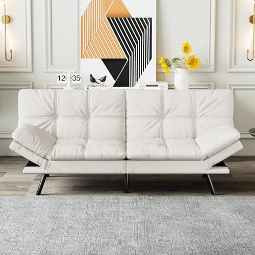 Black Faux Leather Futon Sofa Bed with Memory Foam & Adjustable Backrest