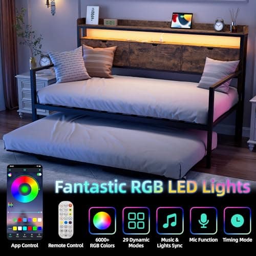 Daybed with Trundle, Twin Frame with Charging Station, LED Lights, Storage Headboard