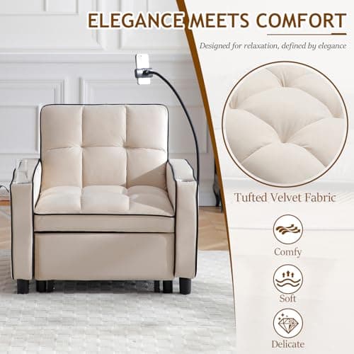 Modern Velvet Tufted Beige Convertible Sleeper Chair with Wing Table and Phone Holder