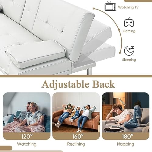 Modern Futon Sofa Bed with Adjustable Positions and Cup Holder - White