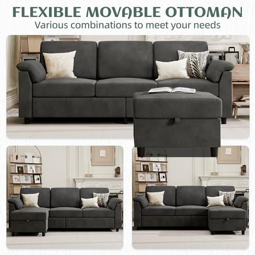 Vongrasig 3 Seat L Shaped Sofa with Removable Pillows Linen Fabric Black