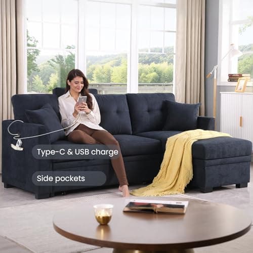 Ink Blue L-Shape Sofa with Storage & Pull-Out Bed USB Ports