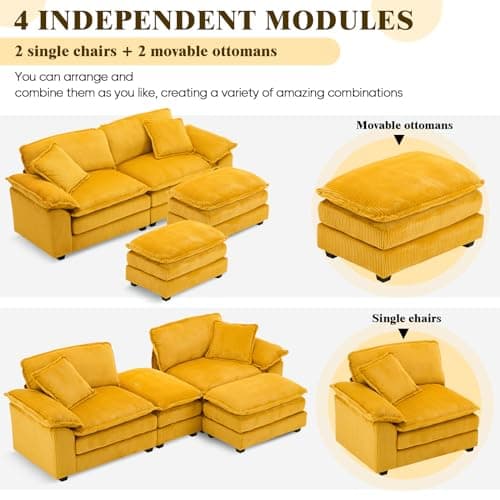 Modern Yellow Corduroy Chaise Longue with Movable Ottoman for Living Room