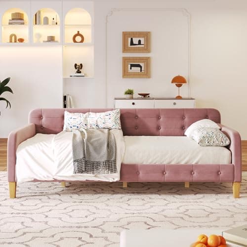 Upholstered Button-Tufted Twin Daybed with Wood Slat Support, Pink