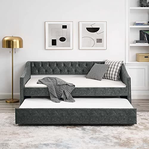 Antetek Grey Twin Size Daybed with Trundle and Modern Velvet Upholstery