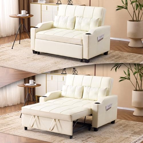 VINGLI Light Green Faux Leather Pullout Sofa Bed with USB Ports