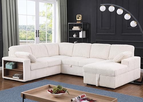 Eafurn Reversible Corduroy L-Shaped Sleeper Sectional With Chaise, USB Ports, Living Room Sofa Bed