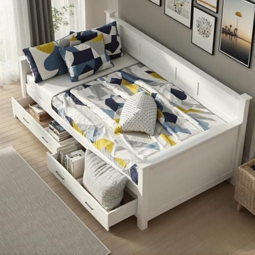 White Farmhouse Twin Daybed with Storage, Pine Wood Frame (No Spring Box)