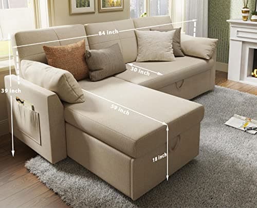 VanAcc Beige Chenille Sleeper Sofa with Storage Chaise