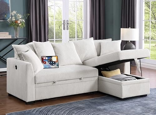 Eafurn Reversible Corduroy L-Shaped Sleeper Sectional With Chaise, USB Ports, Living Room Sofa Bed