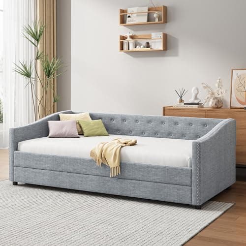 Light Grey Twin Daybed with Trundle and Button Tufted Upholstery