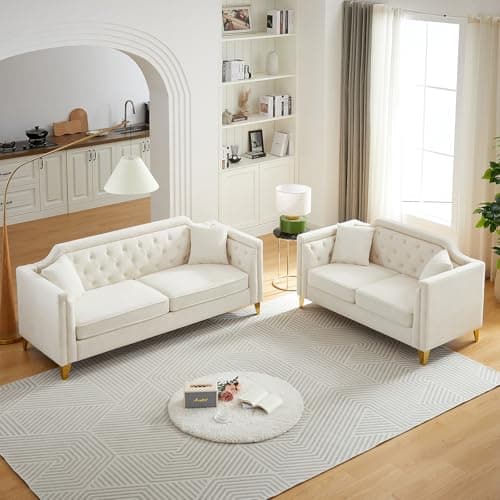 Modern Comfortable 2 Piece Sofa and Loveseat Set with Chenille Fabric and Thick Cushions, Beige