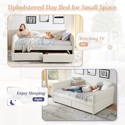 Queen Size Daybed with Storage Drawer, Upholstered in Boucle Fabric, Wood Slats Support, Beige