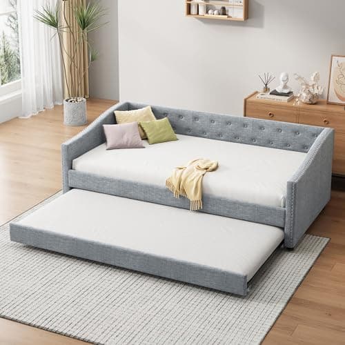 Light Grey Twin Daybed with Trundle and Button Tufted Upholstery