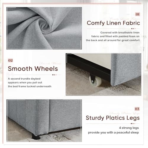 Antetek Full Size Linen Daybed with Twin Trundle, Grey