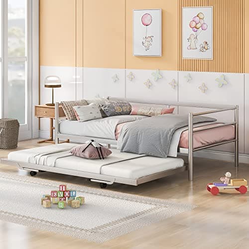 Merax Twin Size Adjustable Metal Daybed with Pop Up Trundle, Steel Slats Support, Silver