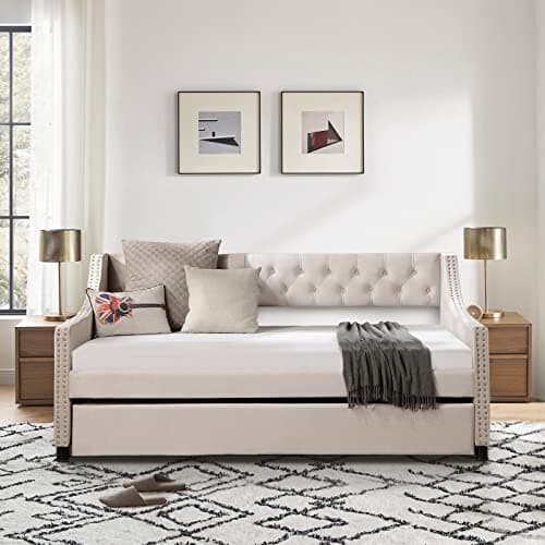 Modern Beige Full Size Button Tufted Velvet Daybed with Trundle