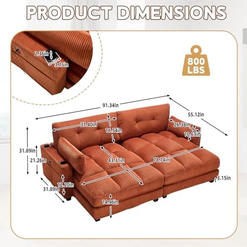 91" Orange Oversized Chaise Lounger with USB & Cup Holder for Living Room/Bedroom