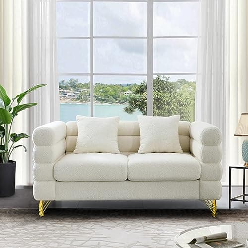 Modern Black Teddy Fabric Love Seat Sofa with Square Arms & Metal Legs for Living Room