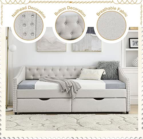 Beige Wood Twin Daybed with Storage & Button Design for Bedroom