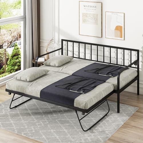 KOMFOTT Twin Metal Daybed with Pop-Up Trundle & Charging Station