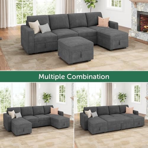 HONBAY Dark Grey Corduroy Modular Sectional Sleeper Sofa Bed