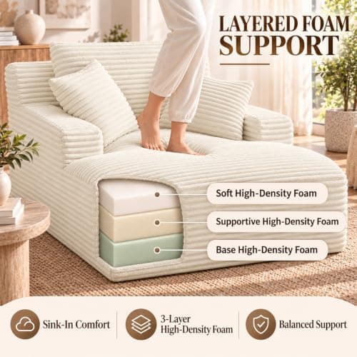 49" Chaise Lounge Indoor, Oversized Chaise Lounge Chair with 3 Comfy Pillows for Living Room Bedroom, Wide Arms Corduroy Fabric High-Density Foam No Assembly Required (White)