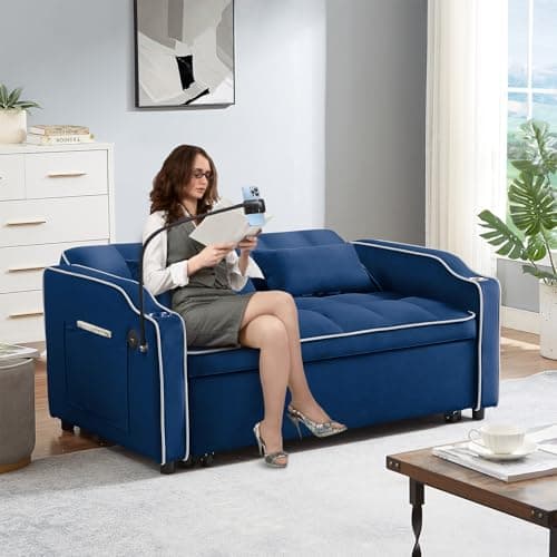 Modern 3-in-1 Sleeper Sofa with USB & Type C Ports, Adjustable Backrest, and Phone/Cup Holder for Living Room or Apartment, Blue Velvet