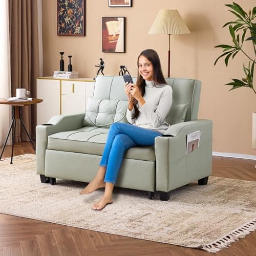 VINGLI Light Green Faux Leather Pullout Sofa Bed with USB Ports