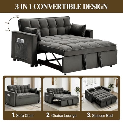 Dark Grey Velvet 3-in-1 Sleeper Sofa Bed with Adjustable Backrest and Storage Pockets