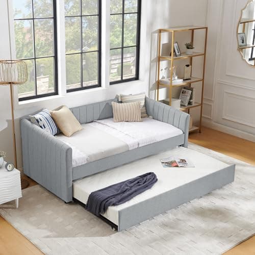 Twin Size Daybed with Trundle, Boucle Fabric, Grey, Easy Assembly