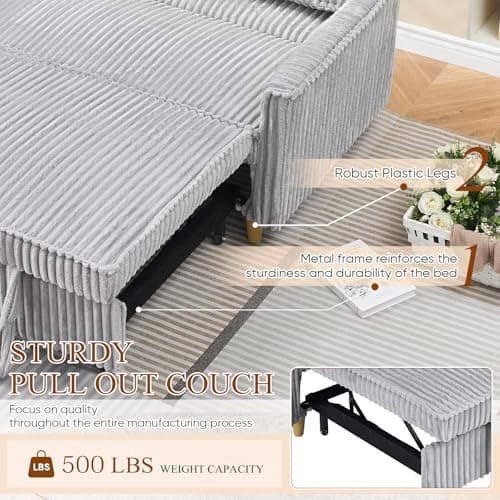 Antetek 3-in-1 Corduroy Convertible Sofa Bed, Gray with Movable Table & USB Ports