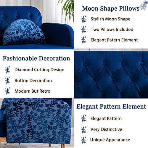 Elegant 55-inch Velvet Sofa with Moon Pillows, Navy Blue, 600 lbs Capacity