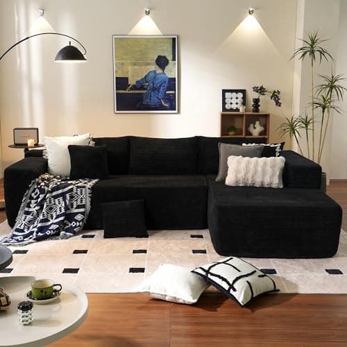 Ovios 104" L-Shape Chaise Cloud Sectional Sofa, Black (Corduroy Fabric)