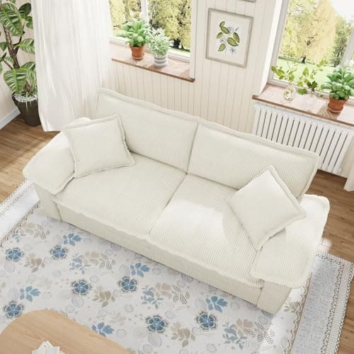 80.5-inch Modular Sectional Couch with Ottoman, Modern Oversized Corduroy Cloud Fluffy Deep Seat Loveseat Chaise Lounge Sofa with 2 Throw Pillows for Living Room Bedroom Apartment, Gray