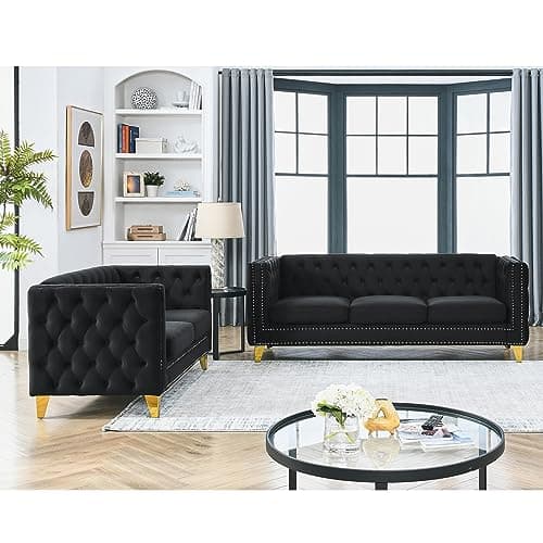 80-inch Sofa + 58-inch Loveseat Set, Modern Velvet Couch with Gold Nail Details and Black Legs