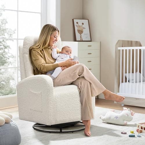 360° Swivel Glider Chair, Modern Ergonomic Boucle Upholstered Rocker with Side Pocket, Cream White