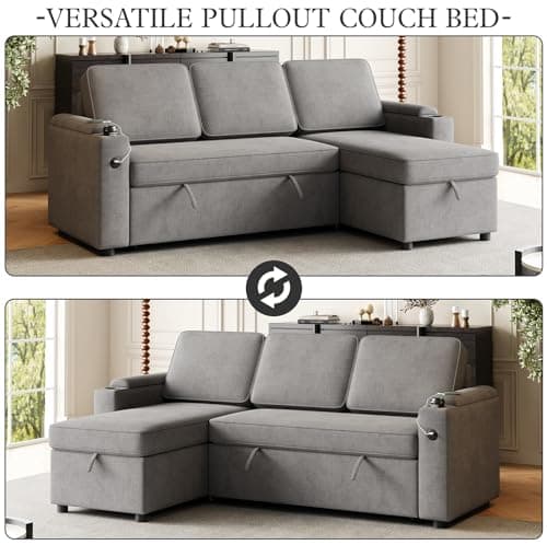 Antetek L-Shaped Sectional Sleeper Sofa, Grey with Storage & USB Port
