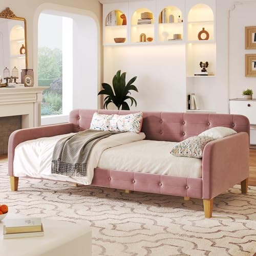Upholstered Button-Tufted Twin Daybed with Wood Slat Support, Pink