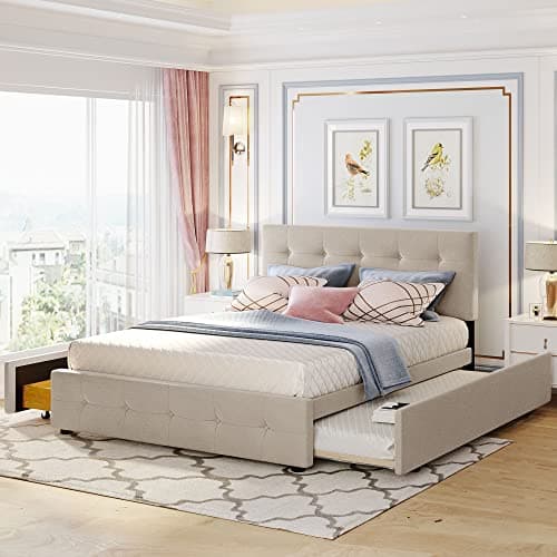 Upholstered Daybed with Trundle and Wood Slat Support, Gray