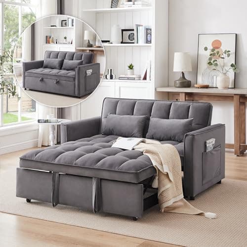 Gray Velvet 3-in-1 Convertible Sleeper Sofa Bed with Armrests, Storage Pockets & 2 Pillows for Living Room, Apartment, Bedroom, or Office