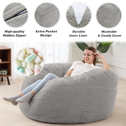 HABUTWAY Grey Queen Giant Chenille Bean Bag Chair, Ultra Soft & Convertible