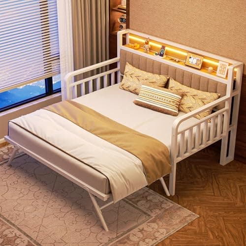 Daybed with Trundle and LED Light (White)  
Heavy Duty Metal Twin Bed Frame with Upholstered Storage Headboard (White)  
Day Bed Pop Up Trundle Bed Twin for Living Room (White)