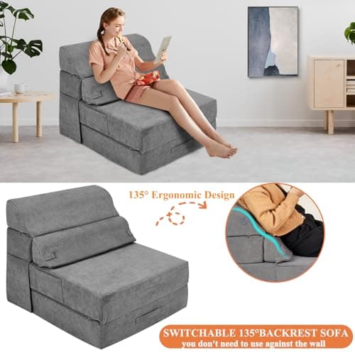 Grey Foldable Sofa Bed - Comfortable Living Room Sleeper Chair Couch