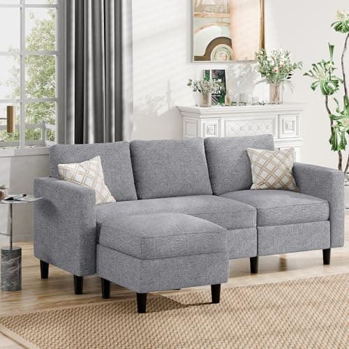 JAMFLY Dark Grey L Shaped Sectional Sofa with Ottoman for Small Living Rooms