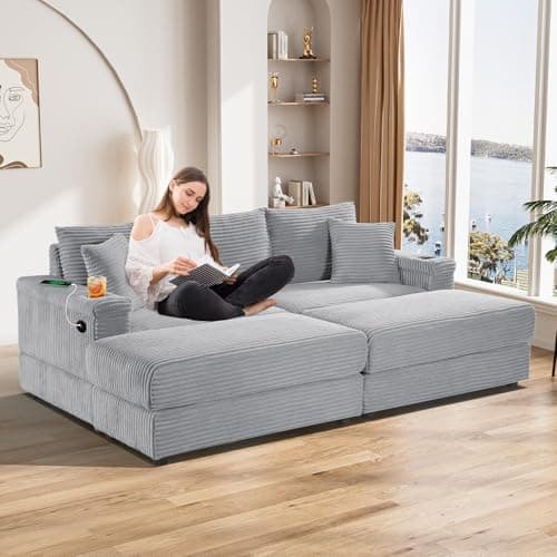Oversized Corduroy Chaise Longue with Ottoman and USB Ports - Beige White Indoor Reclining Chair for Living Room.