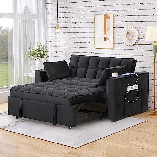 Modern Upholstered Pull Bed Sleeper with Reclining Backrest, Black Futon Love Seat for Living Room