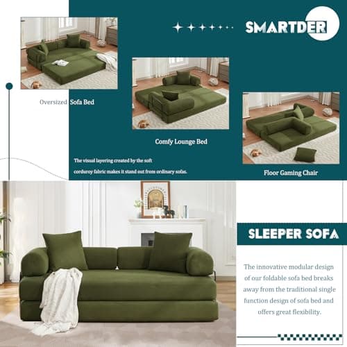 3-Seater Convertible Sofa Bed with Removable Backrest, King Size Green Corduroy for Living Room/Dorm