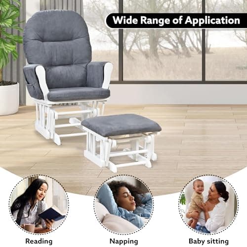 Nursery Glider & Ottoman Set, Reclining Rocker with Padded Arms - White, Dark Gray